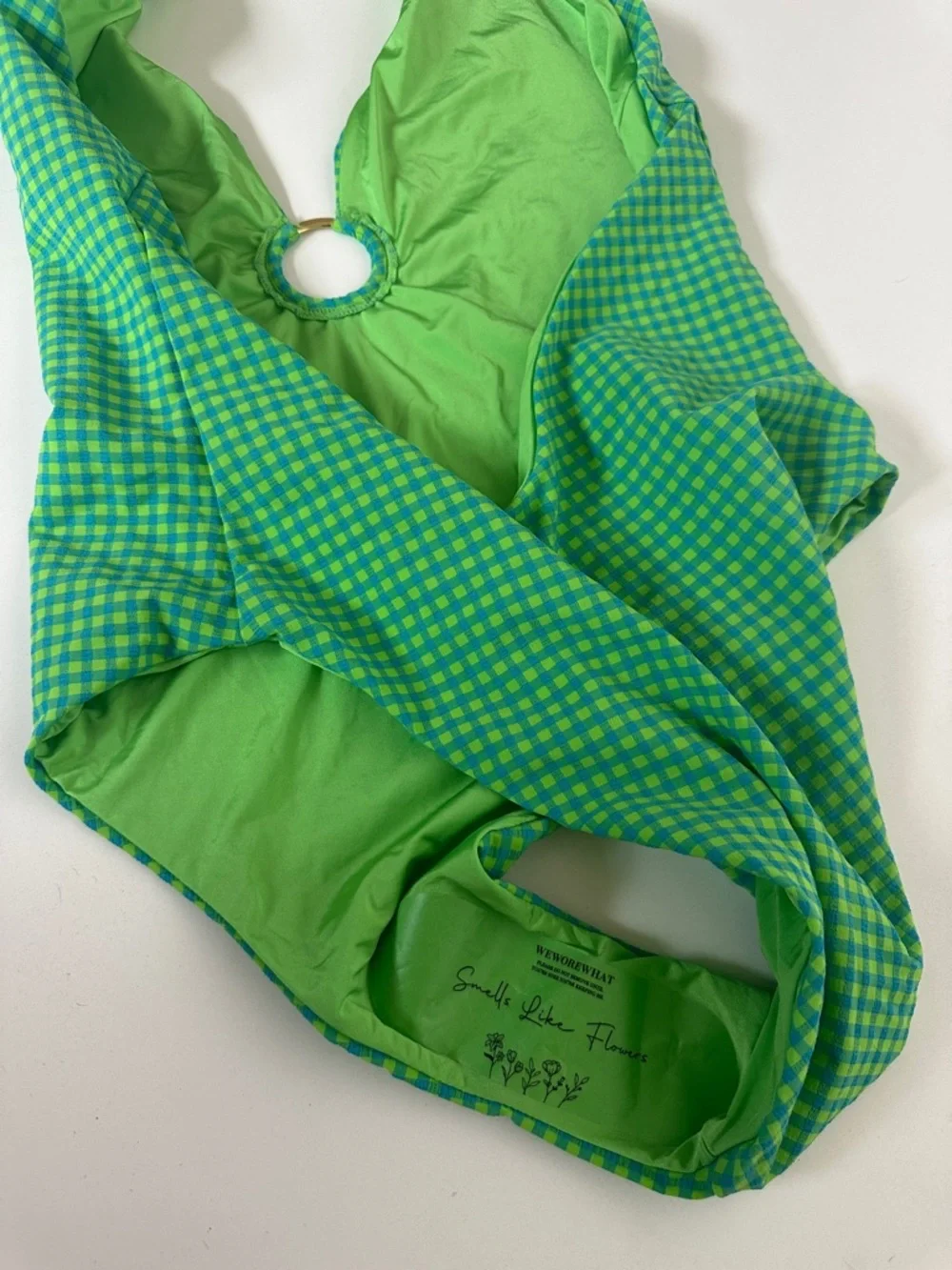 WeWoreWhat Green Gingham Collard Halter One-Piece Swimsuit